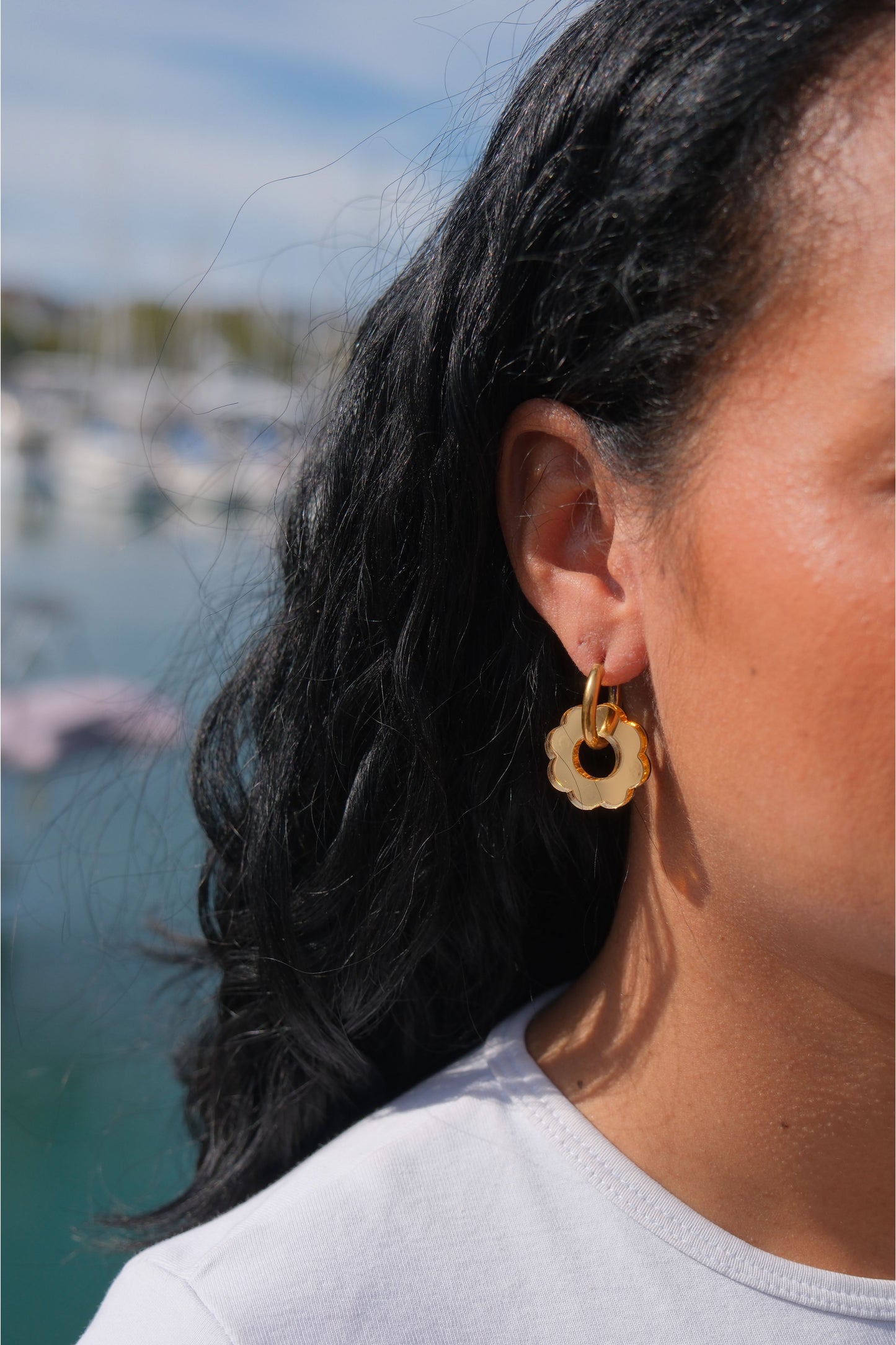 Boucles d'Oreilles Créoles Fleurs Miroir Réversibles
