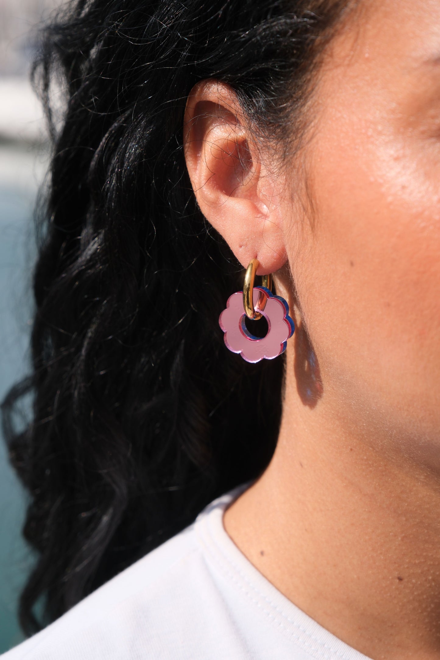 Boucles d'Oreilles Créoles Fleurs Miroir Réversibles