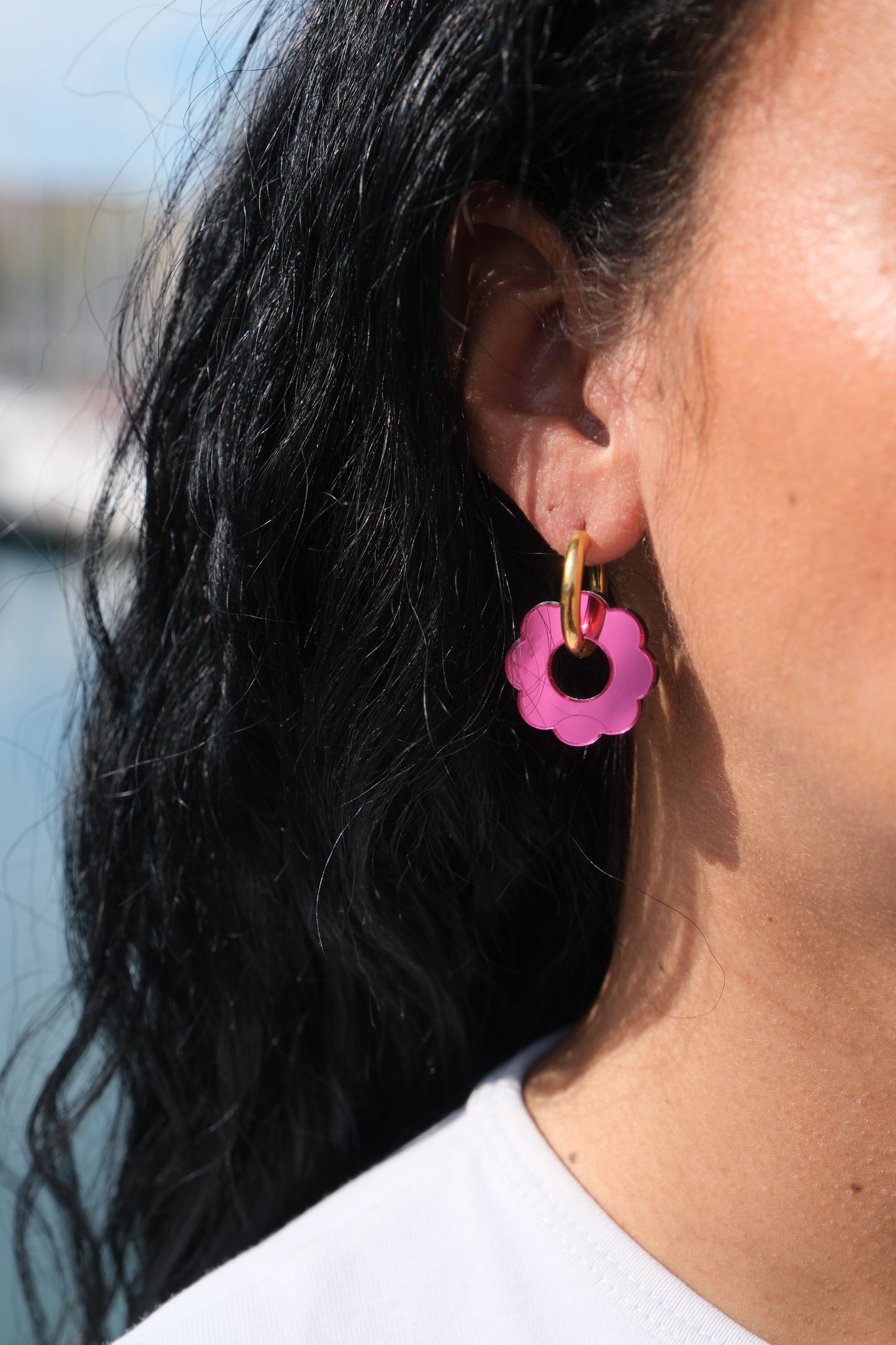 Boucles d'Oreilles Créoles Fleurs Miroir Réversibles