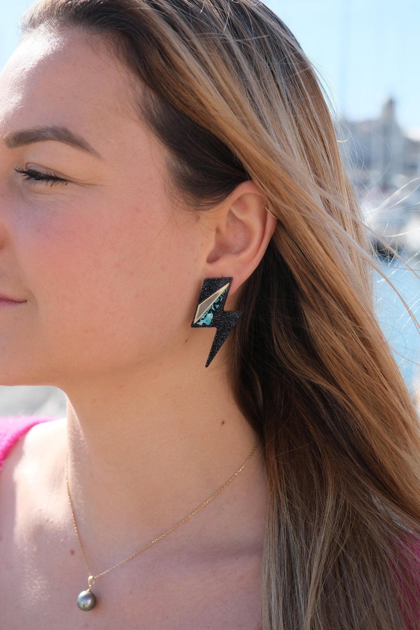 Boucles d'Oreilles Puces Maxi Eclairs Turquoise + Or