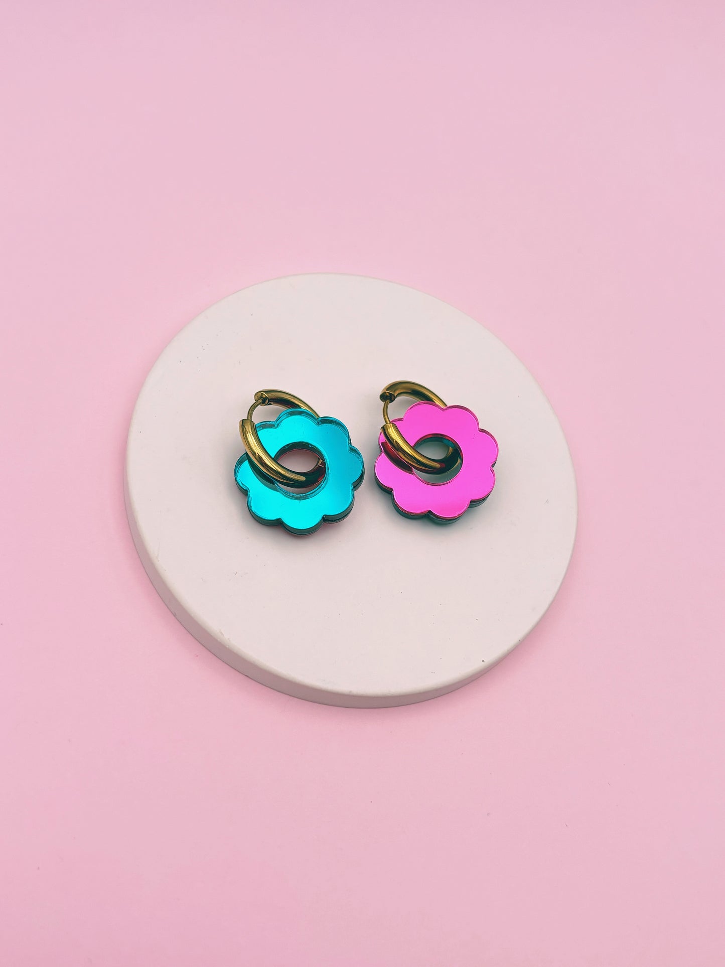 Boucles d'Oreilles Créoles Fleurs Miroir Réversibles