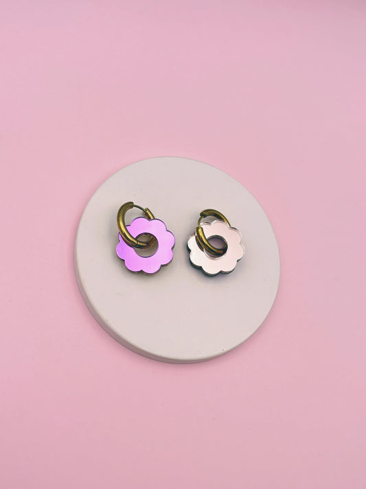 Boucles d'Oreilles Créoles Fleurs Miroir Réversibles