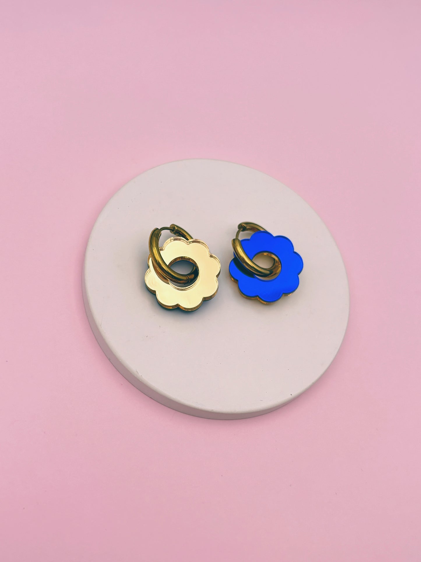 Boucles d'Oreilles Créoles Fleurs Miroir Réversibles