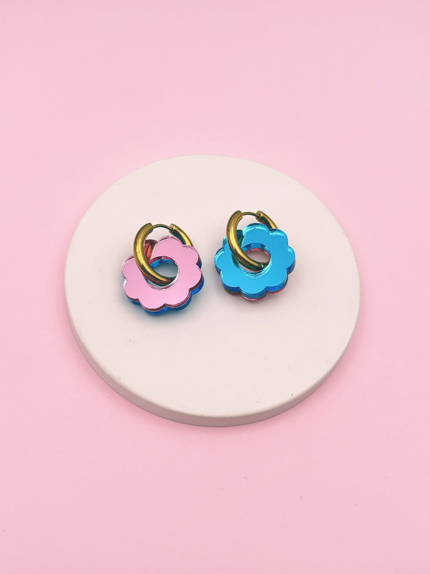 Boucles d'Oreilles Créoles Fleurs Miroir Réversibles