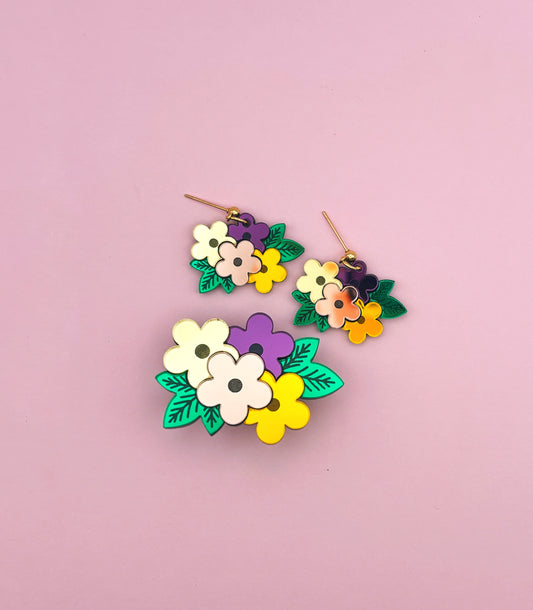Coffret Boucles d'Oreilles + Broche Bouquets