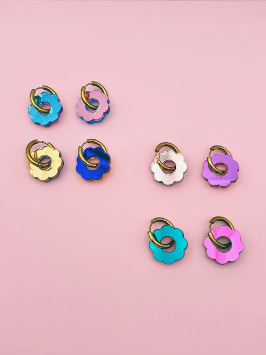 Boucles d'Oreilles Créoles Fleurs Miroir Réversibles