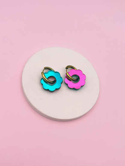 Boucles d'Oreilles Créoles Fleurs Miroir Réversibles