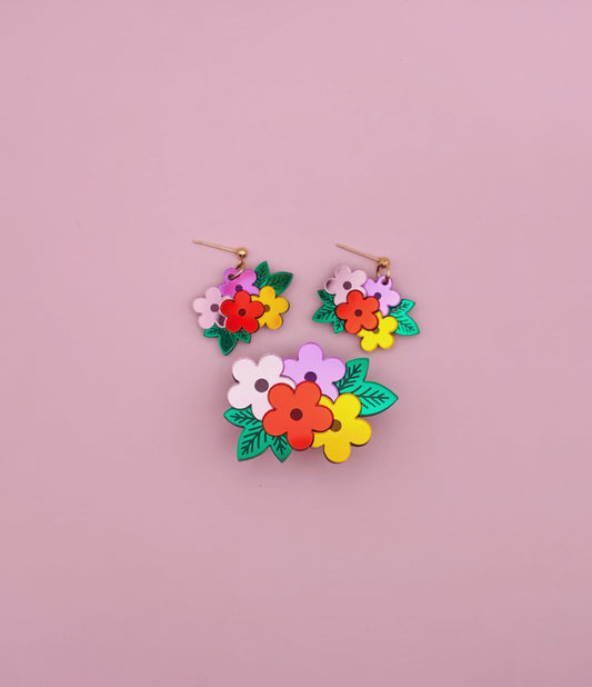Coffret Boucles d'Oreilles + Broche Bouquets